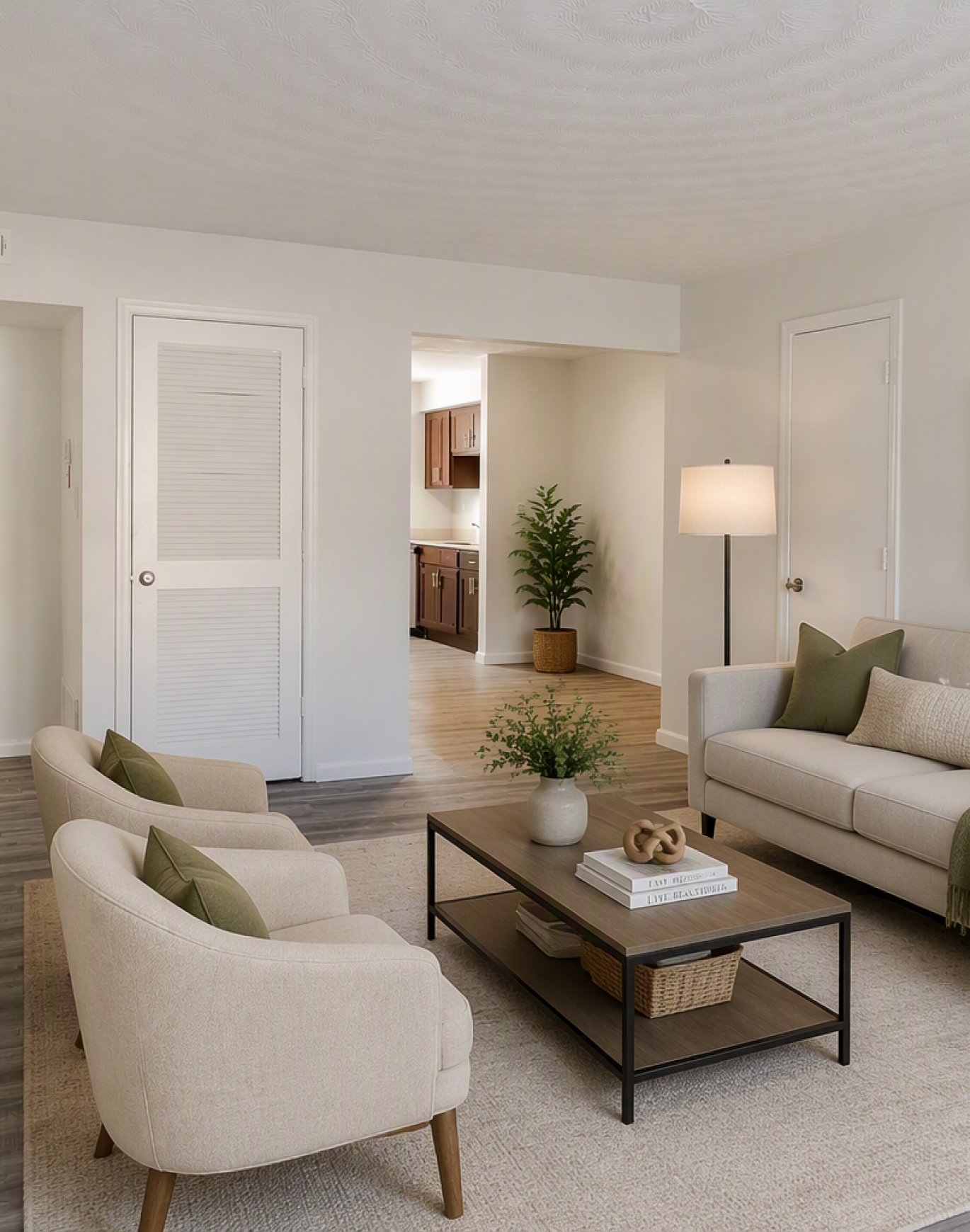 a living room with chairs and coffee table